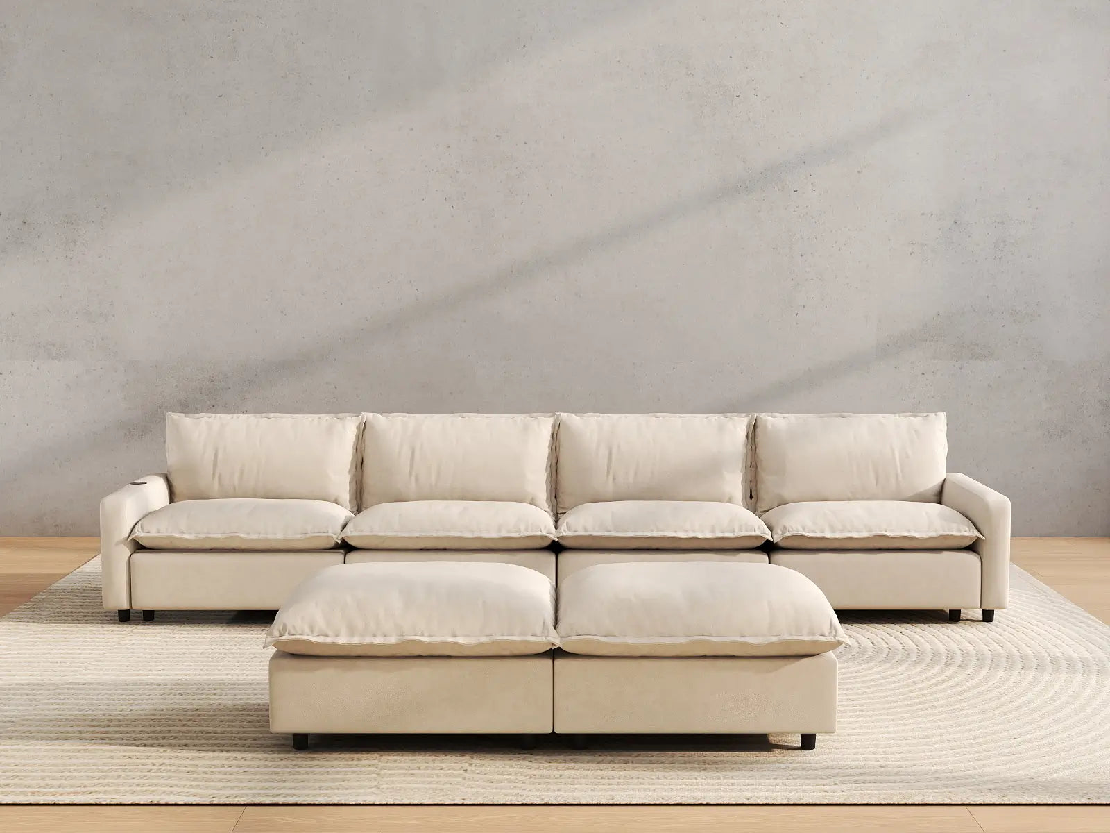 6 Piece Beige Linen Relax Your Neck Sofa Sets 4 Seater with 2 Ottomans 4