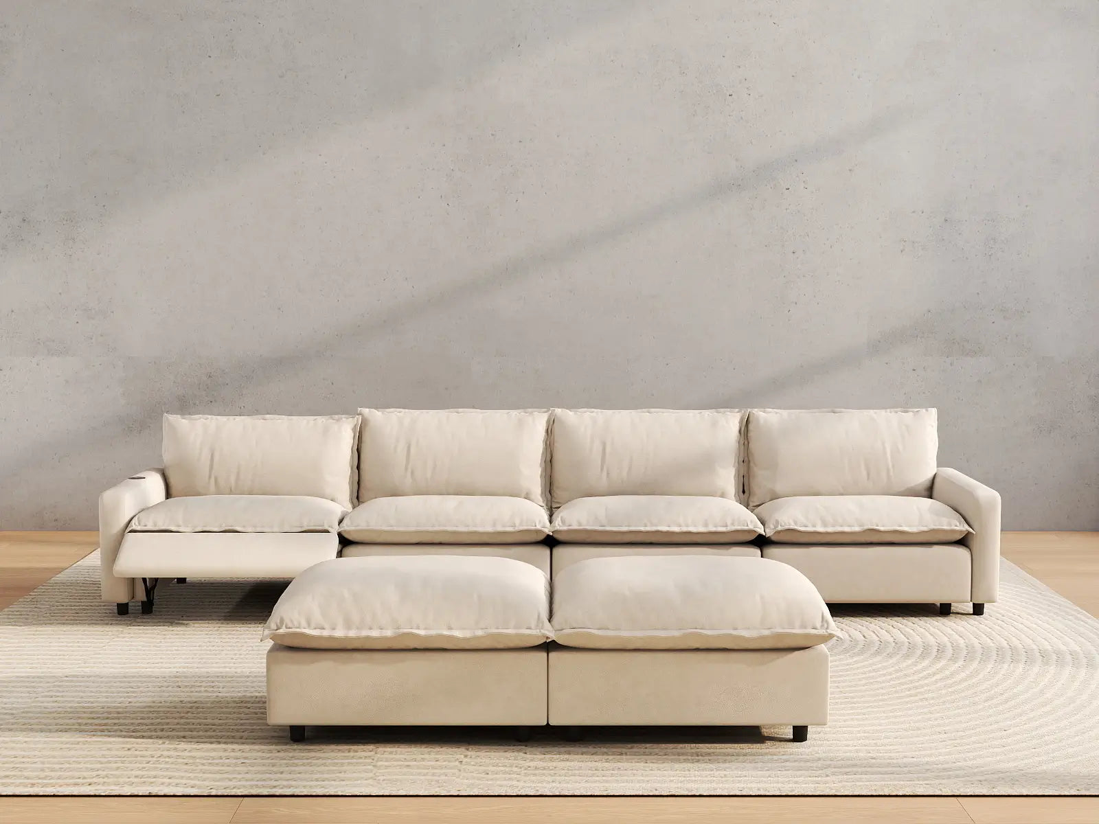 6 Piece Beige Linen Relax Your Neck Sofa Sets 4 Seater with 2 Ottomans 5