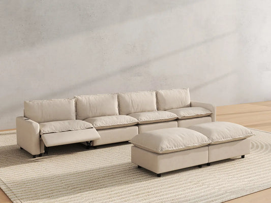 6 Piece Beige Linen Relax Your Neck Sofa Sets 4 Seater with 2 Ottomans 6