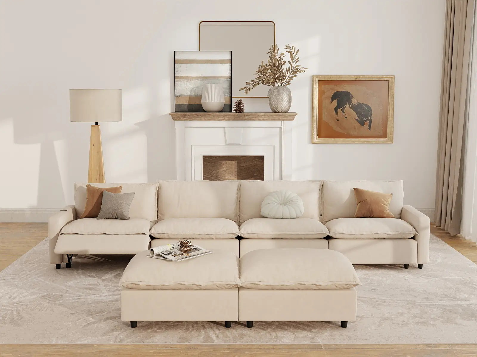 6 Piece Beige Linen Relax Your Neck Sofa Sets 4 Seater with 2 Ottomans 7
