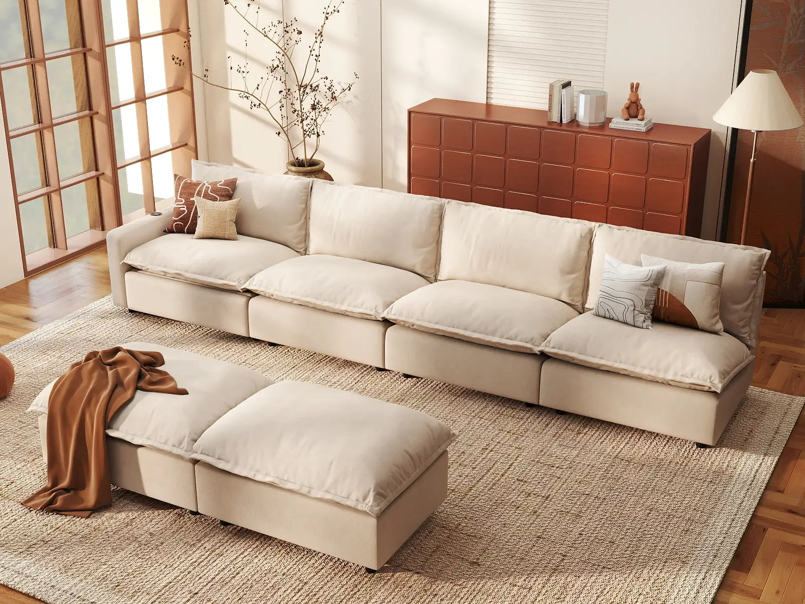 6 Piece Beige Linen Silent Recline Sofa Sets 4 Seater with 2 Ottomans 1