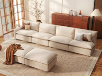 6 Piece Beige Linen Silent Recline Sofa Sets 4 Seater with 2 Ottomans 1