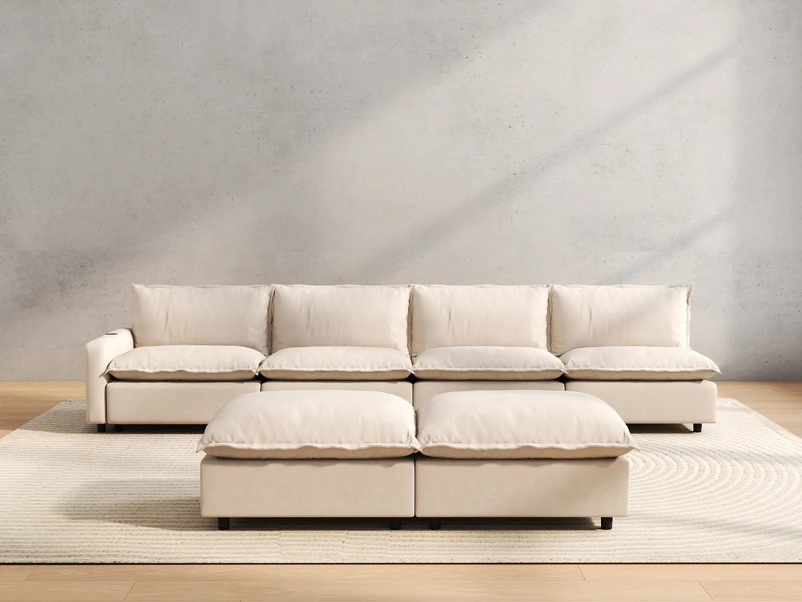 6 Piece Beige Linen Silent Recline Sofa Sets 4 Seater with 2 Ottomans 4