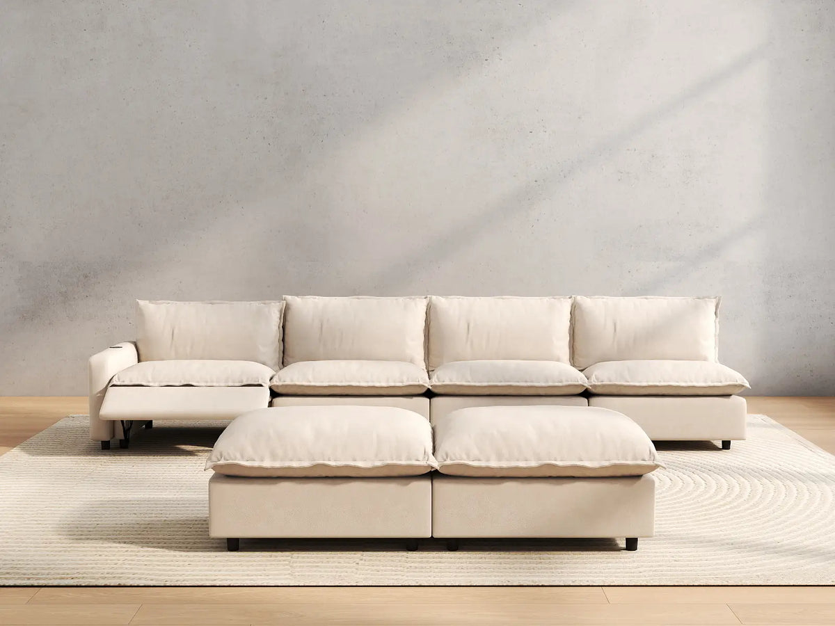 6 Piece Beige Linen Silent Recline Sofa Sets 4 Seater with 2 Ottomans 5