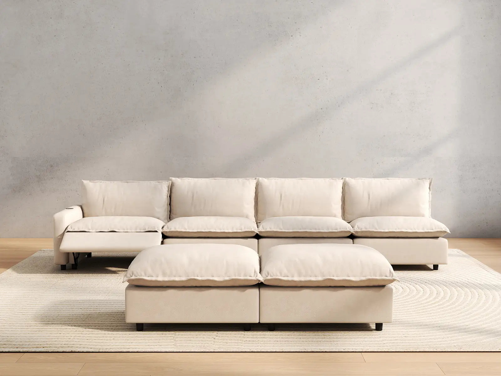 6 Piece Beige Linen Silent Recline Sofa Sets 4 Seater with 2 Ottomans 5