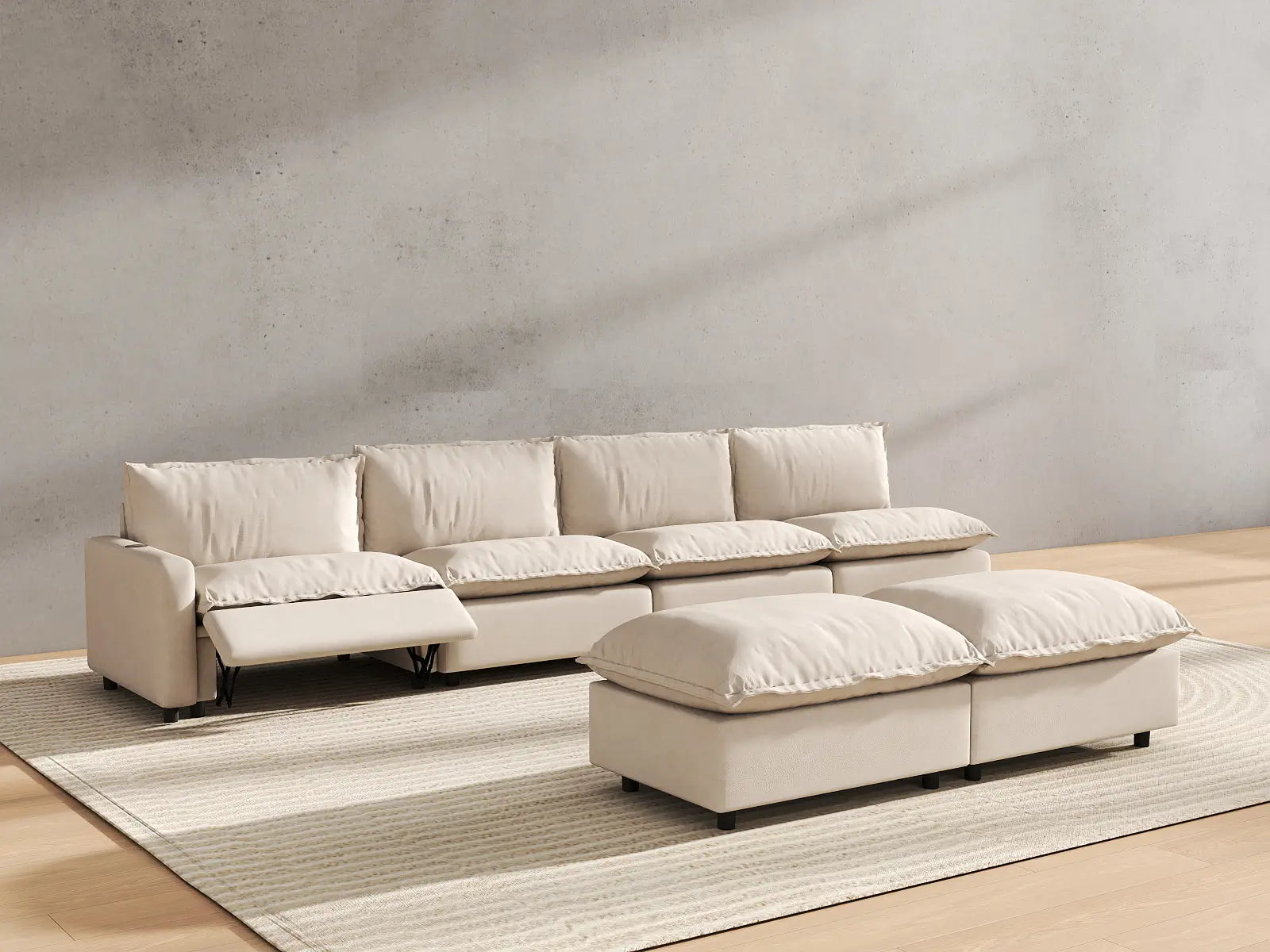 6 Piece Beige Linen Silent Recline Sofa Sets 4 Seater with 2 Ottomans 6