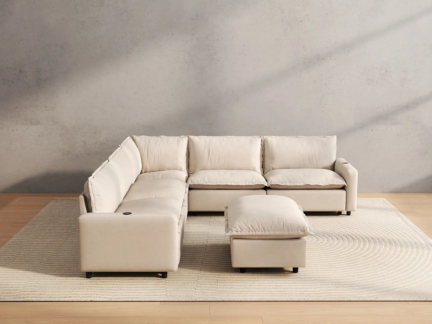 6 Piece Beige Linen Smart Layout Fit Sofa Sets 5 Seater with 1 Ottoman 4