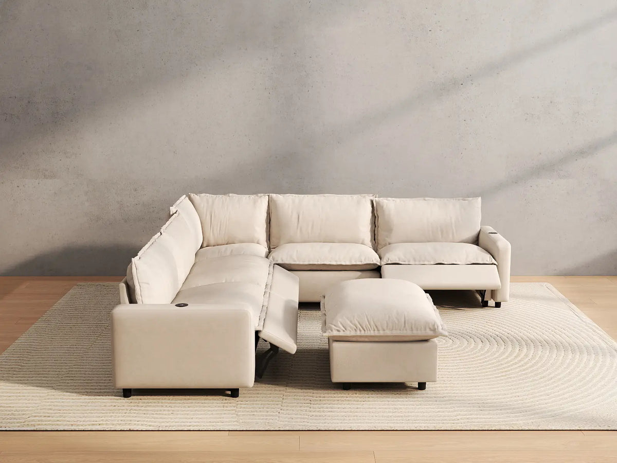 6 Piece Beige Linen Smart Layout Fit Sofa Sets 5 Seater with 1 Ottoman 5