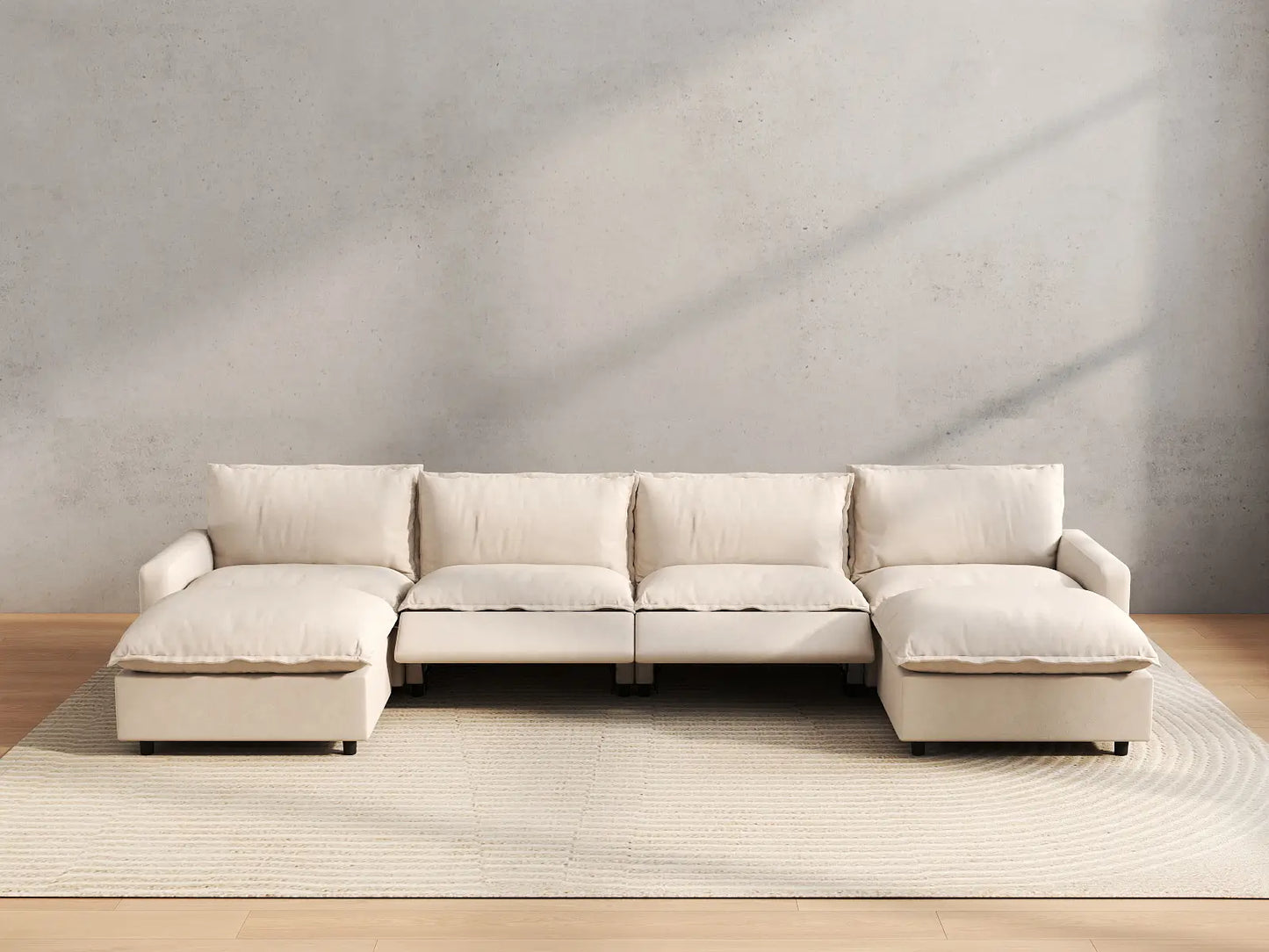 6 Piece Beige Linen Weightless Feel U Shaped Sectionals 4 Seater with 2 Ottomans 5