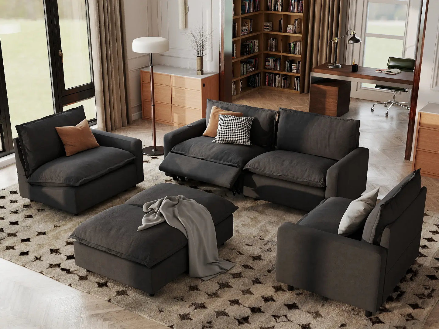 6 Piece Grey Linen Easy Electric U Shaped Sectionals 4 Seater with 2 Ottomans 1