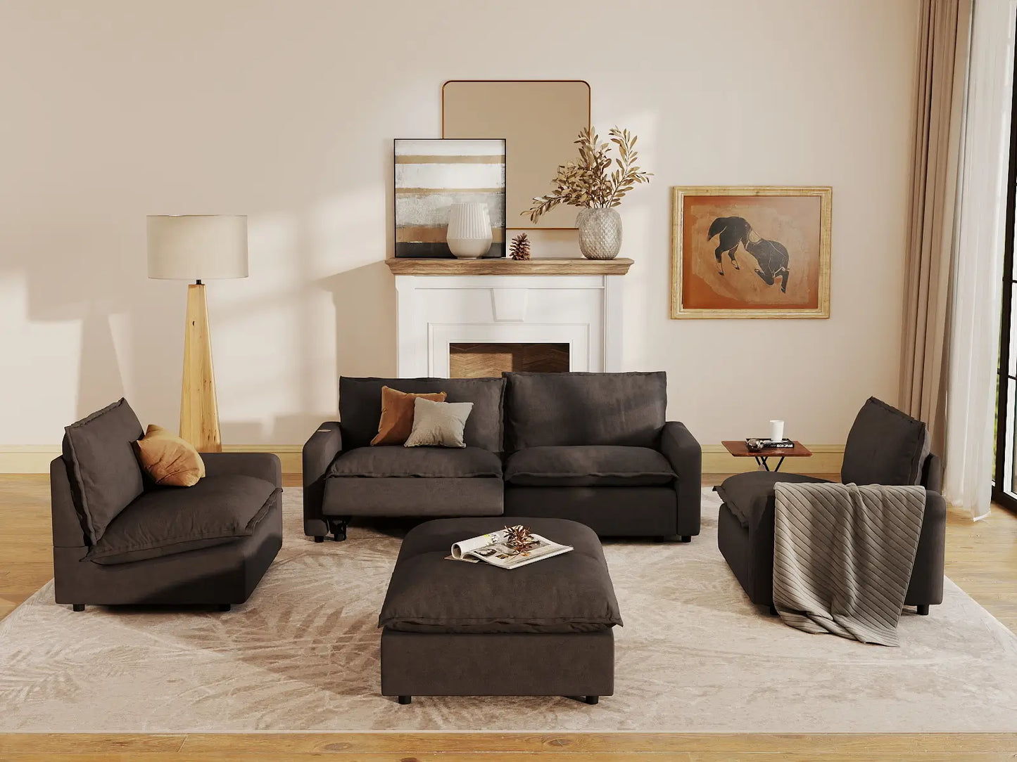 6 Piece Grey Linen Easy Electric U Shaped Sectionals 4 Seater with 2 Ottomans 7