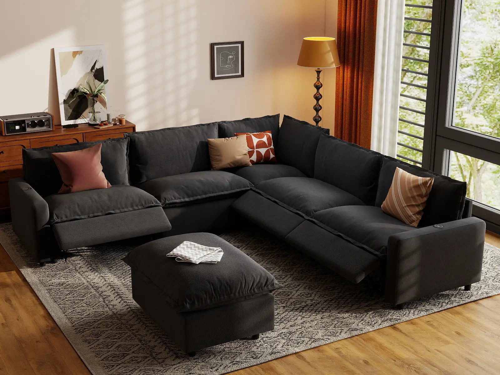 6 Piece Grey Linen Easy Life Hack Sofa Sets 5 Seater with 1 Ottoman 1