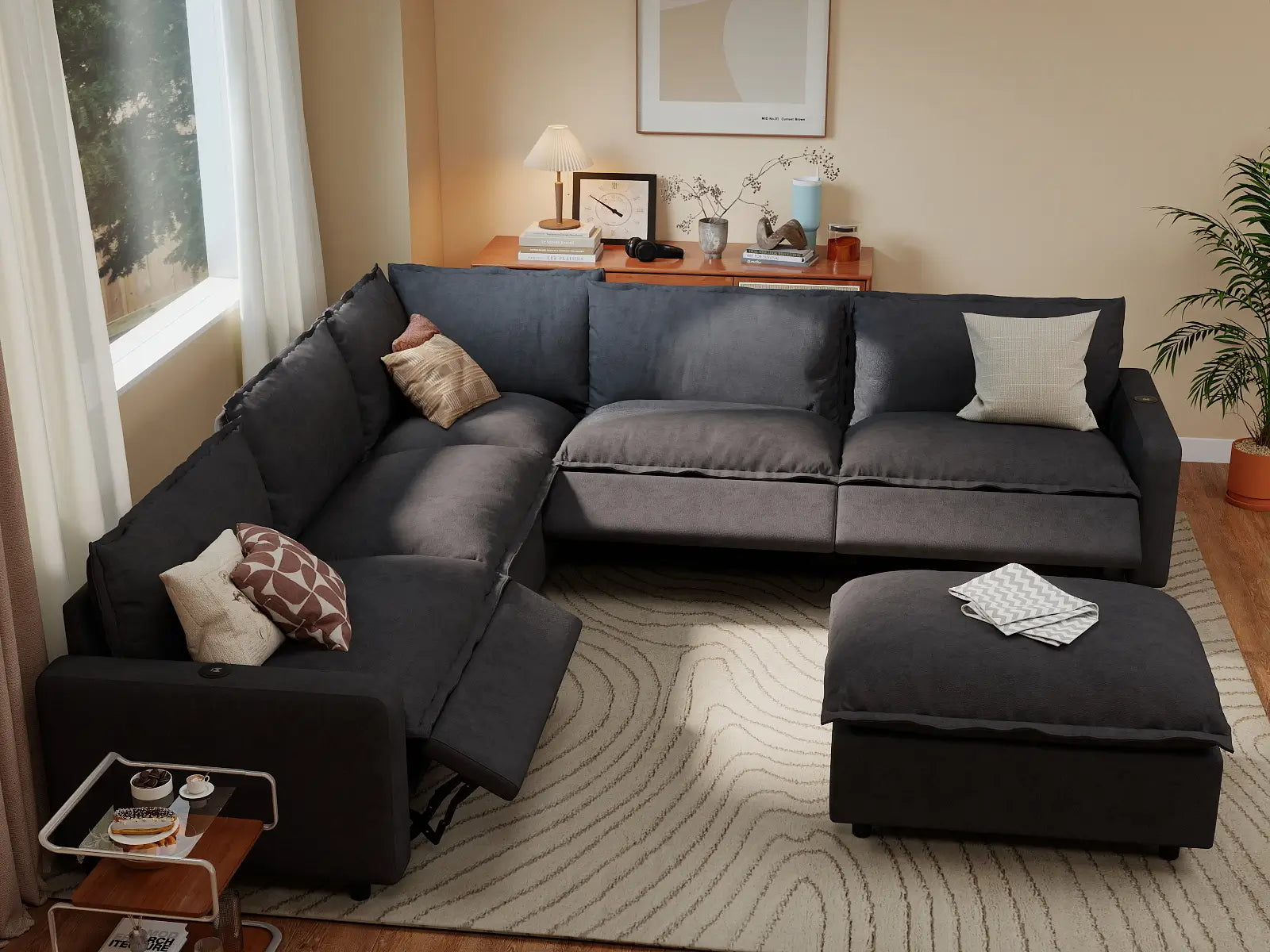 6 Piece Grey Linen Easy Life Hack Sofa Sets 5 Seater with 1 Ottoman 7