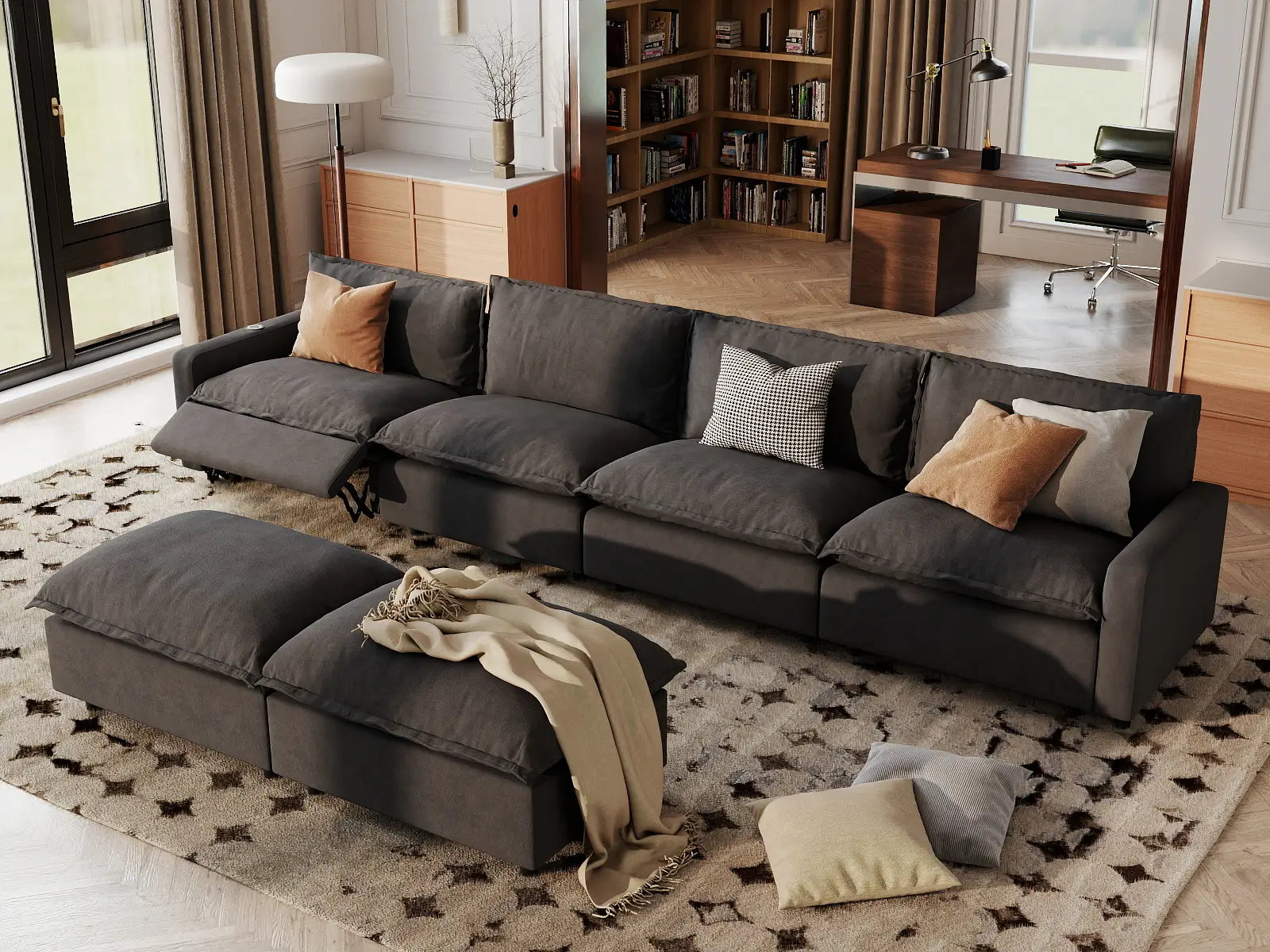 6 Piece Grey Linen Full Leg Rest Sofa Sets 4 Seater with 2 Ottomans 1