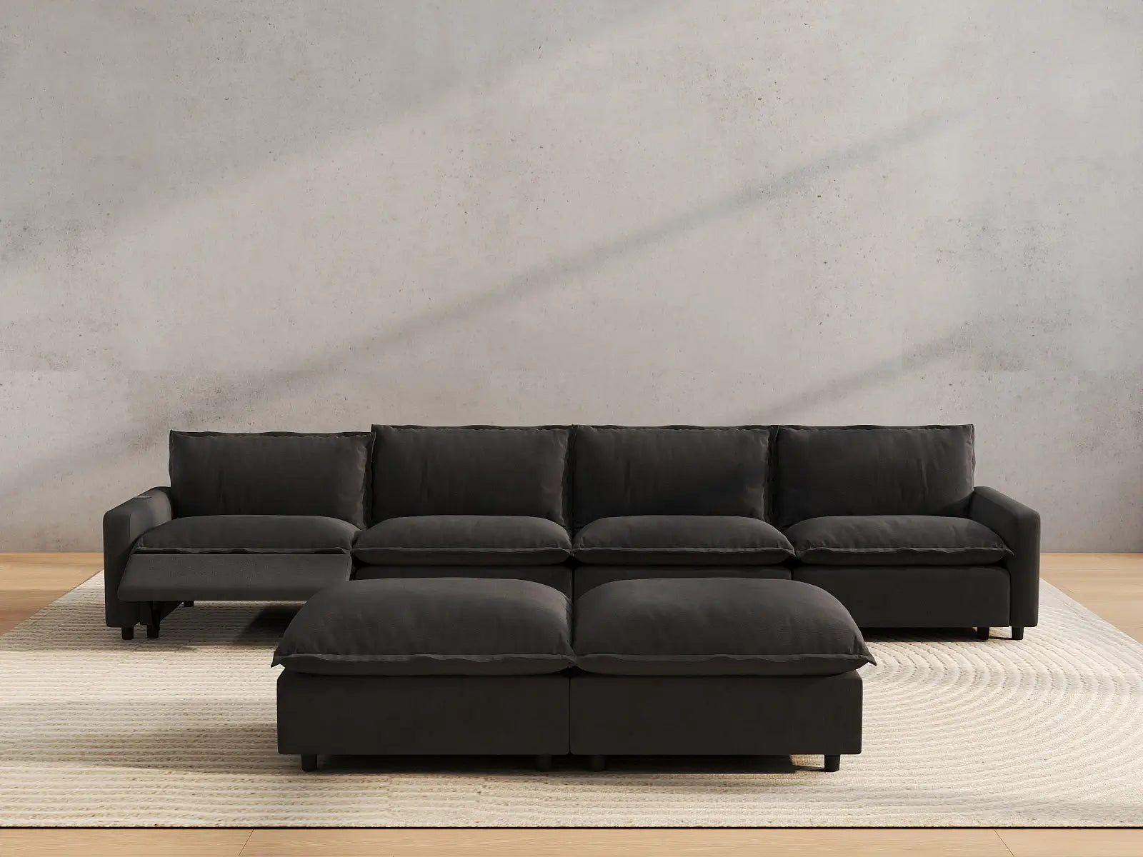 6 Piece Grey Linen Full Leg Rest Sofa Sets 4 Seater with 2 Ottomans 5