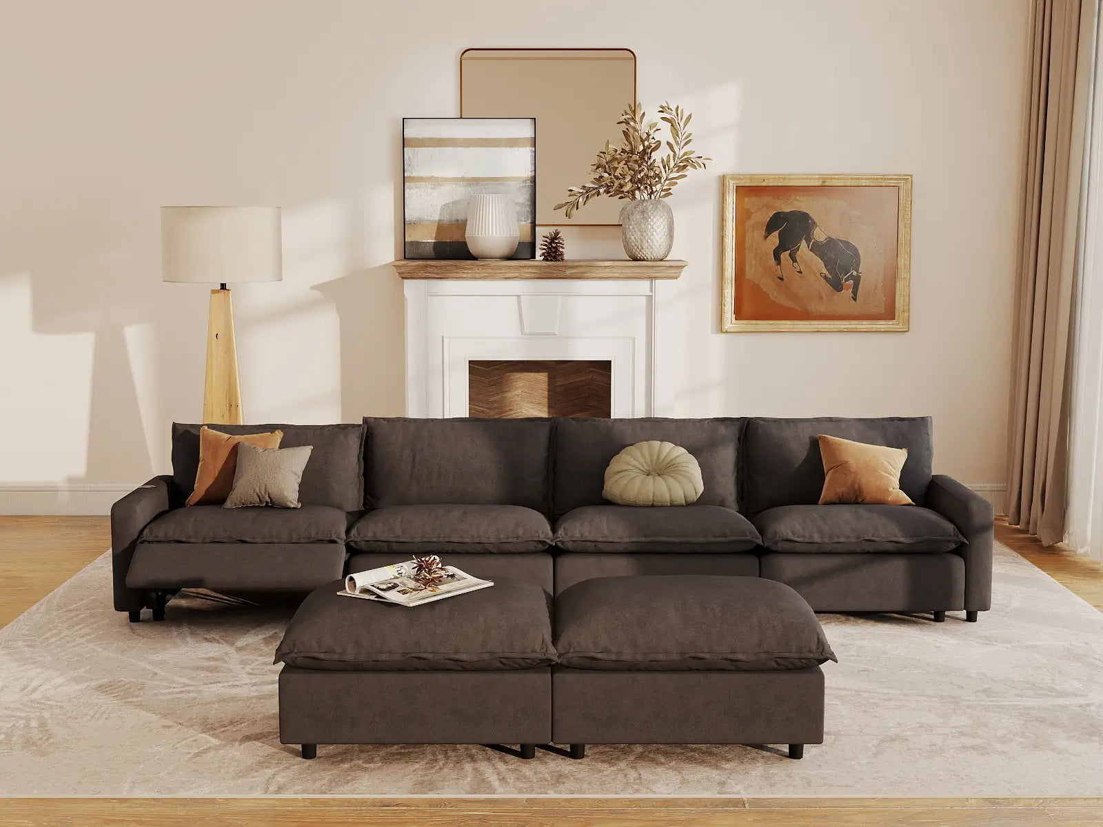 6 Piece Grey Linen Full Leg Rest Sofa Sets 4 Seater with 2 Ottomans 7
