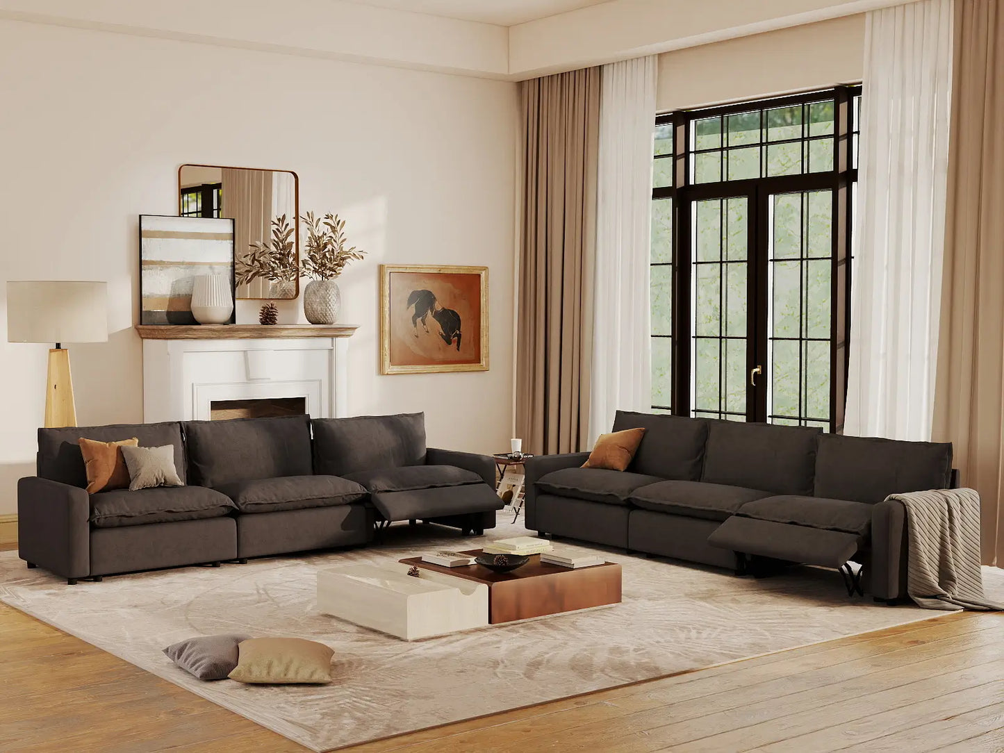 6 Piece Grey Linen Grand Estate V Shaped Sectionals 6 Seater 7
