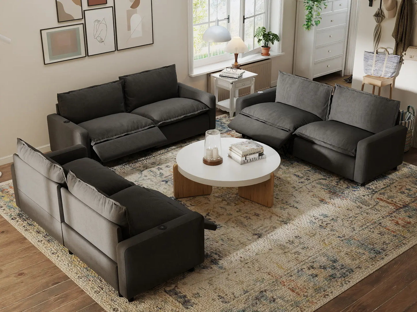 6 Piece Grey Linen Great Room U Shaped Sectionals 6 Seater 7