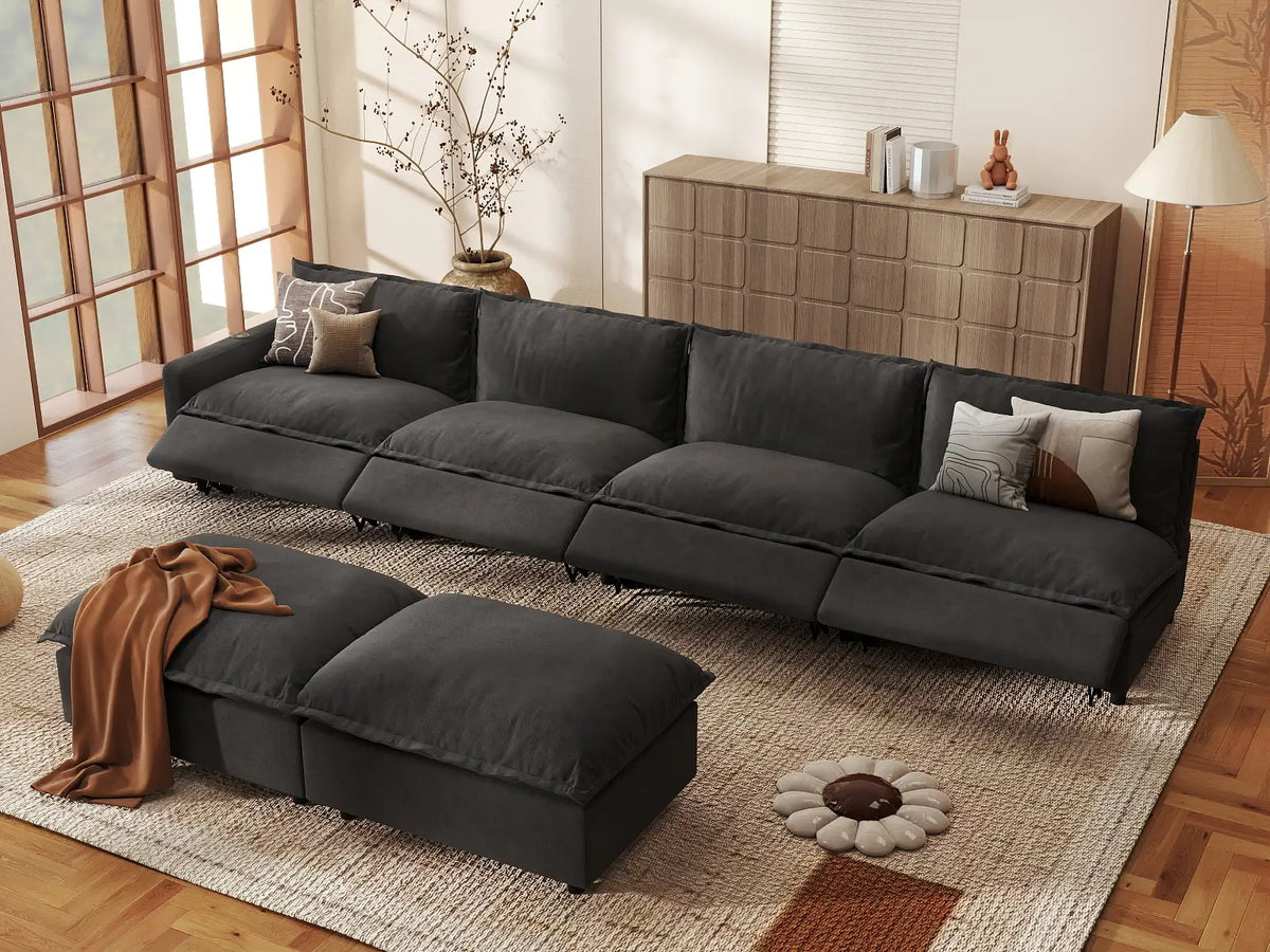 6 Piece Grey Linen Multi Purpose Use Sofa Sets 4 Seater with 2 Ottomans 1