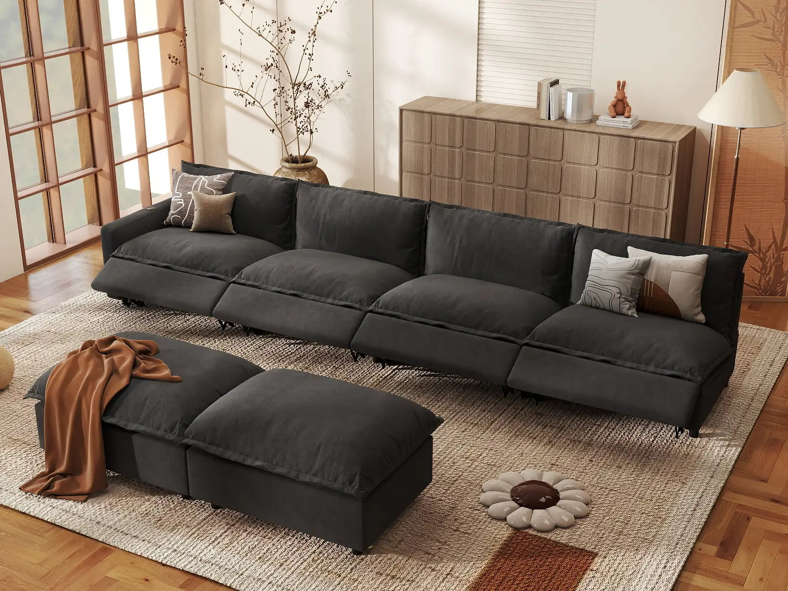 6 Piece Grey Linen Multi Purpose Use Sofa Sets 4 Seater with 2 Ottomans 1