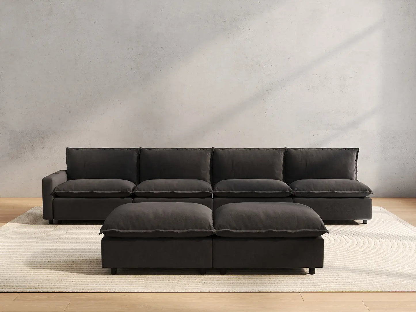 6 Piece Grey Linen Multi Purpose Use Sofa Sets 4 Seater with 2 Ottomans 4