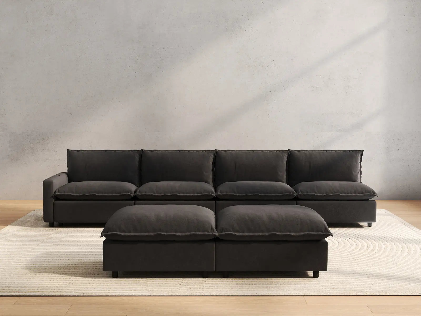 6 Piece Grey Linen Multi Purpose Use Sofa Sets 4 Seater with 2 Ottomans 4