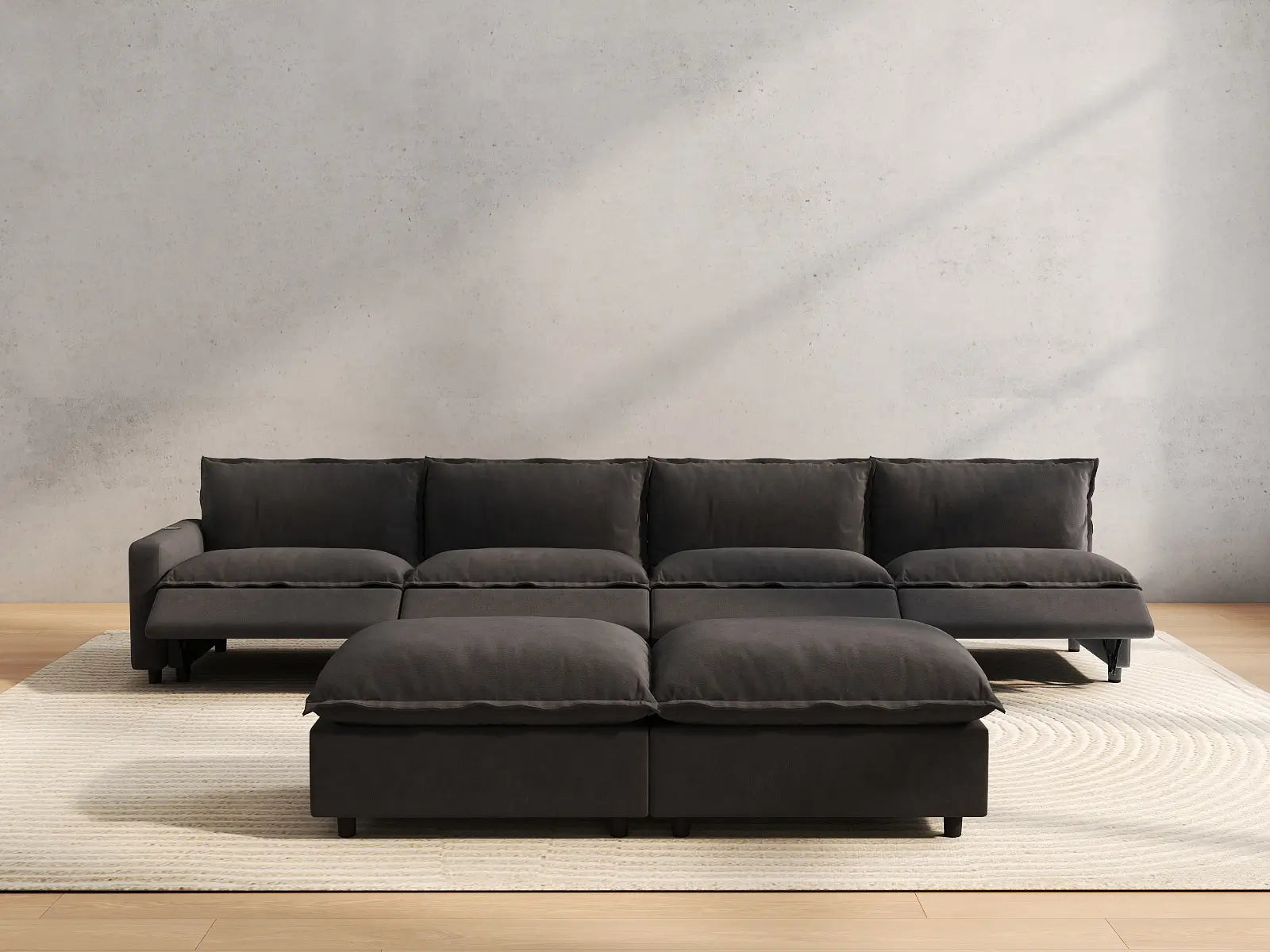 6 Piece Grey Linen Multi Purpose Use Sofa Sets 4 Seater with 2 Ottomans 5