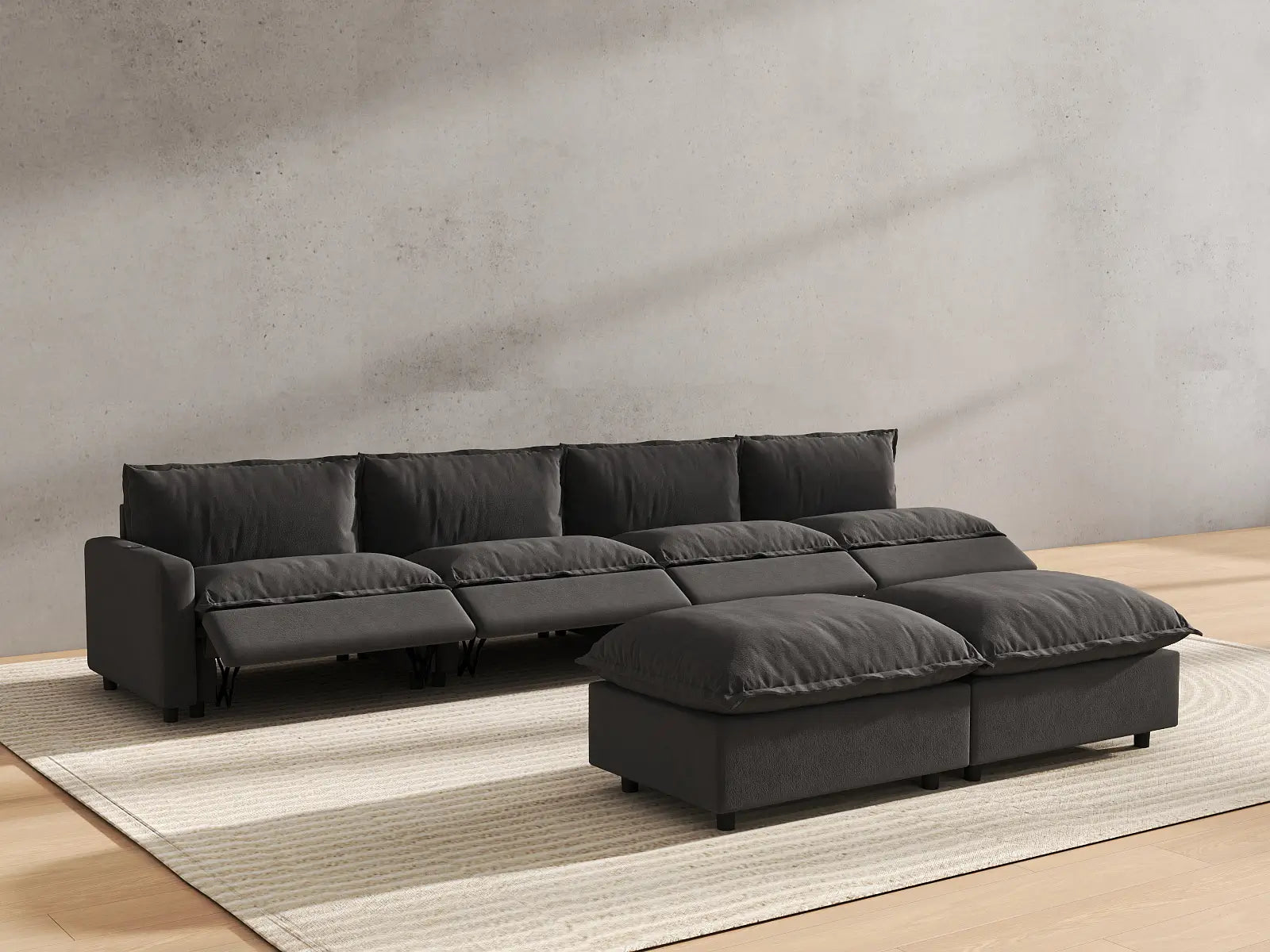 6 Piece Grey Linen Multi Purpose Use Sofa Sets 4 Seater with 2 Ottomans 6