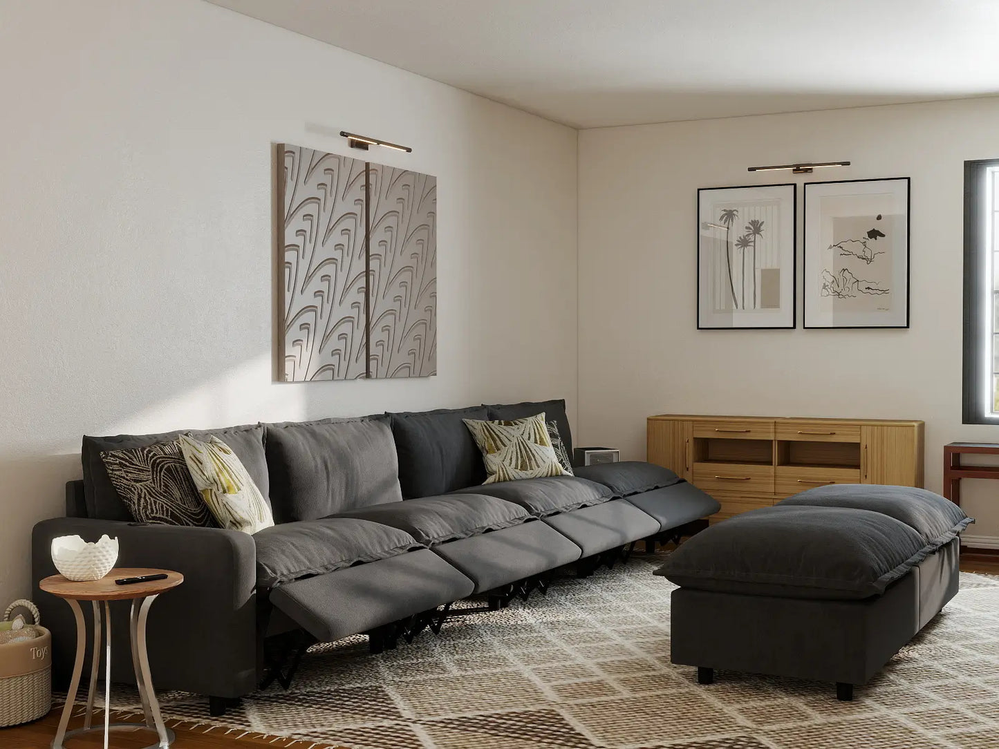 6 Piece Grey Linen Multi Purpose Use Sofa Sets 4 Seater with 2 Ottomans 7