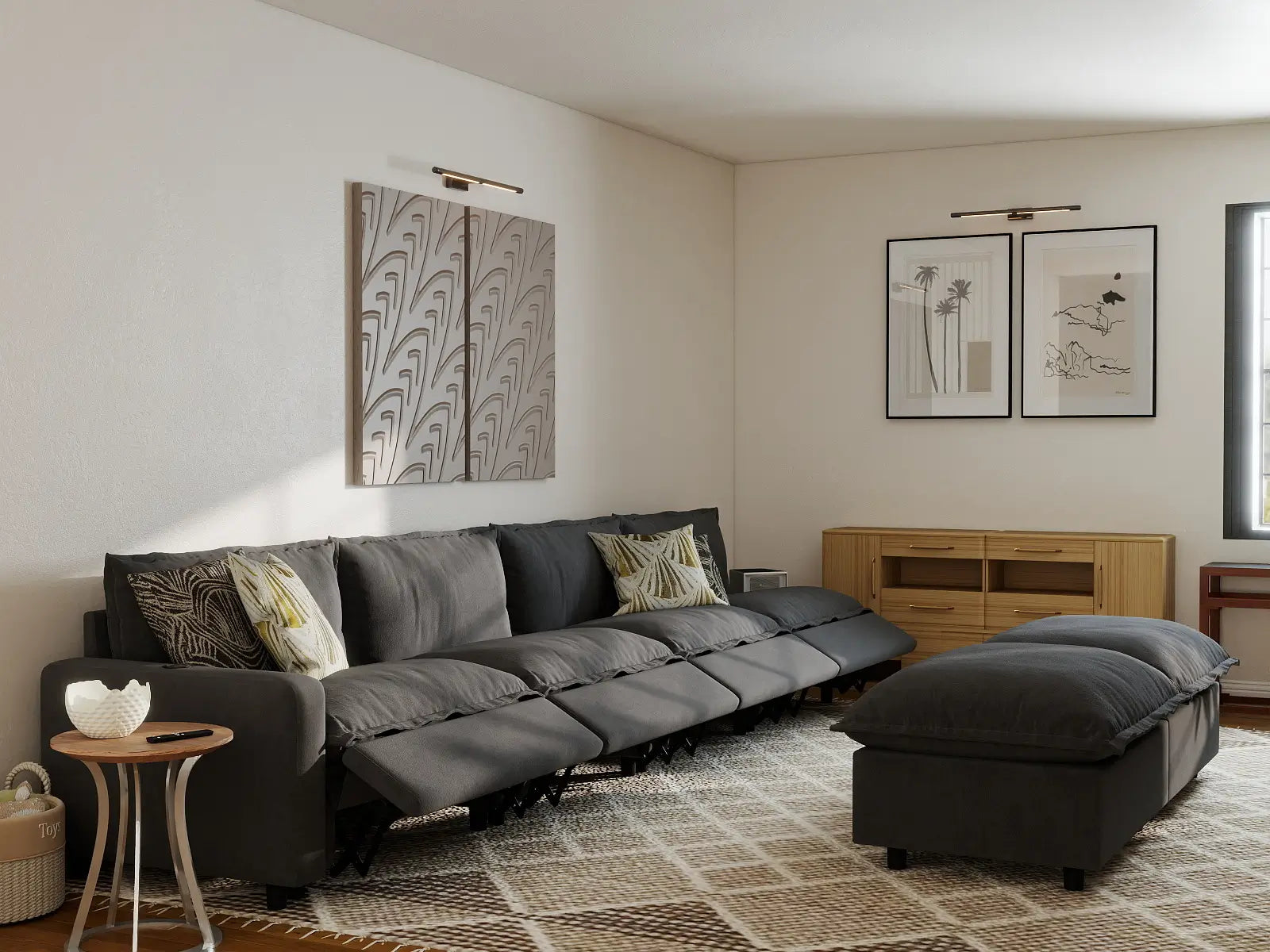 6 Piece Grey Linen Multi Purpose Use Sofa Sets 4 Seater with 2 Ottomans 7