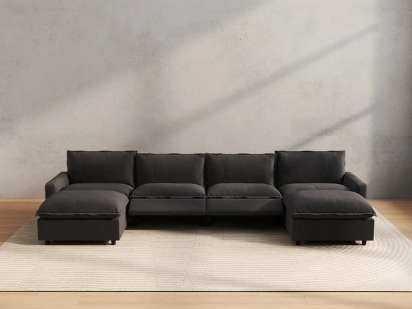Modular Cero Sectional Sofa with Chaise and Recliner | 6-Piece Grey Linen No Bad Seats U-Shaped Sectionals 4-Seater with 2-Ottomans