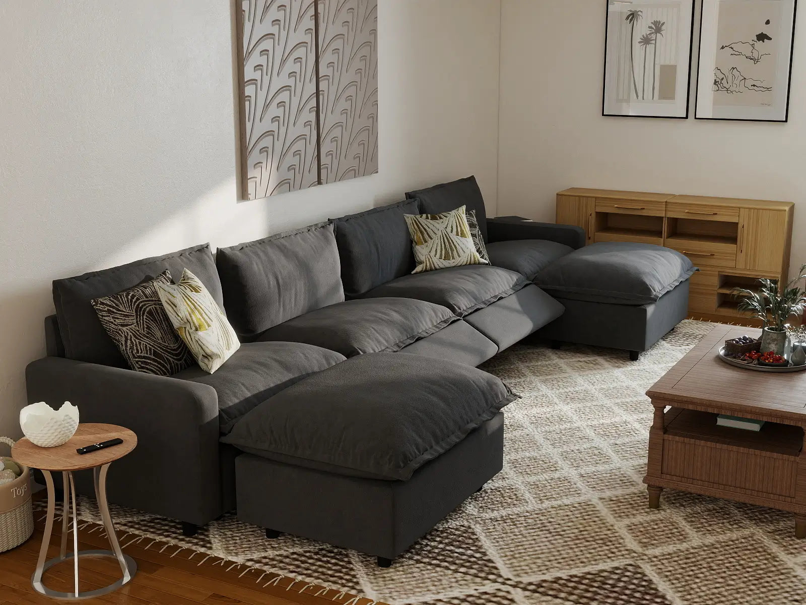 6 Piece Grey Linen No Bad Seats U Shaped Sectionals 4 Seater with 2 Ottomans 7