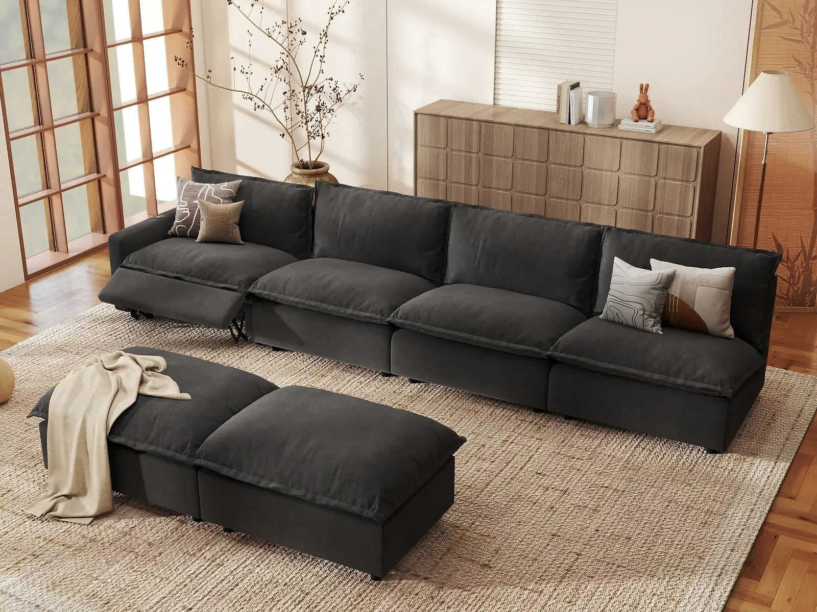 6 Piece Grey Linen Stop Any Angle Sofa Sets 4 Seater with 2 Ottomans 1