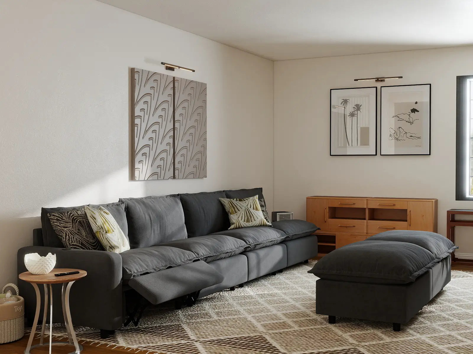 6 Piece Grey Linen Stop Any Angle Sofa Sets 4 Seater with 2 Ottomans 7