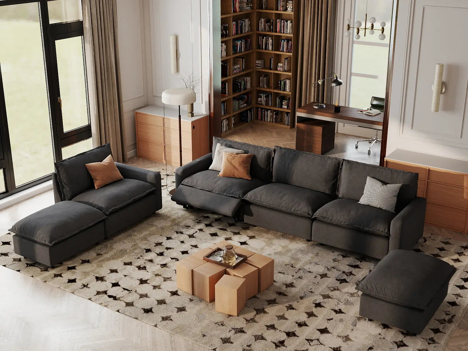 6 Piece Grey Linen Weightless Feel Corner Sectionals 4 Seater with 2 Ottomans 1