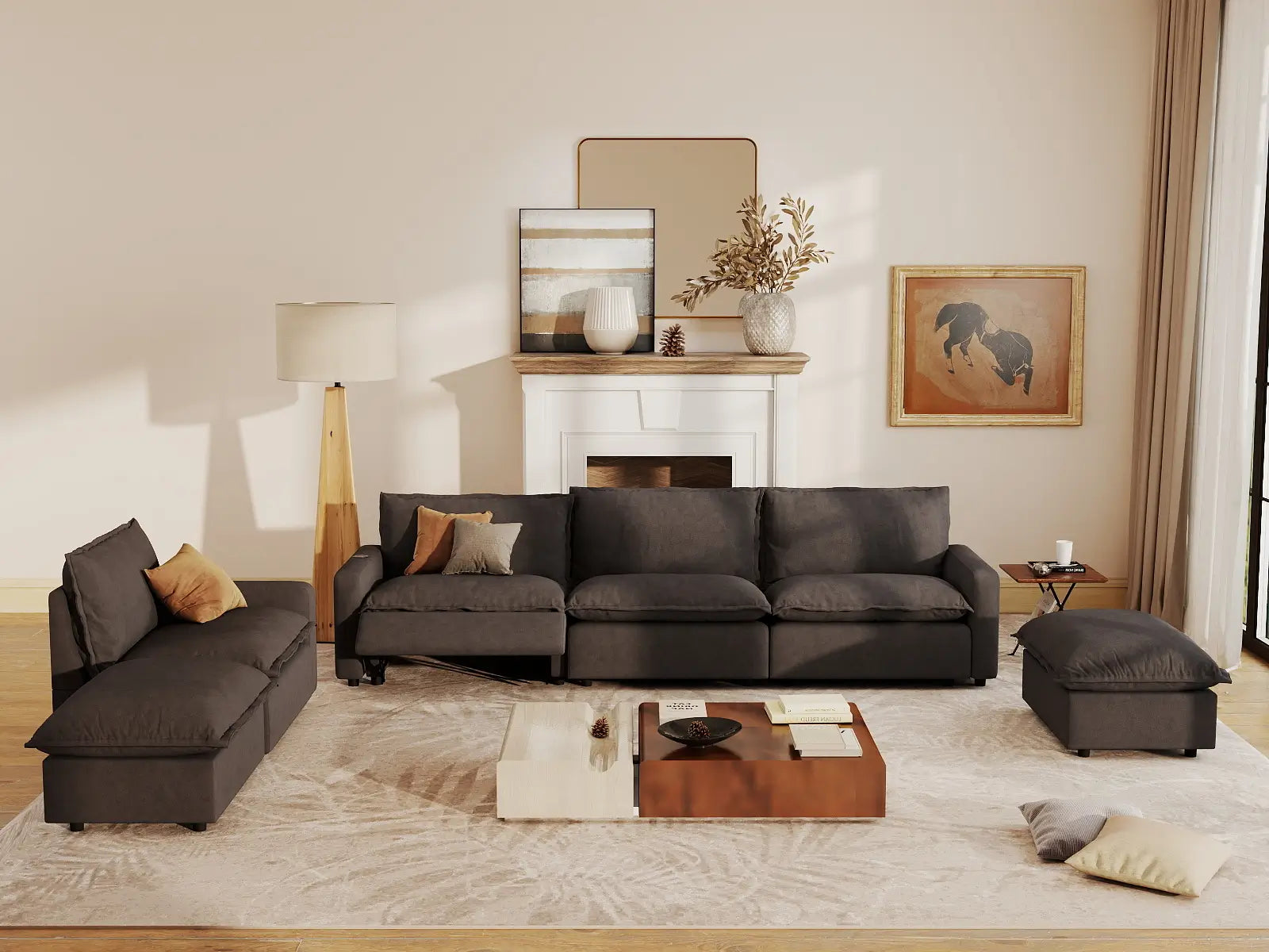 6 Piece Grey Linen Weightless Feel Corner Sectionals 4 Seater with 2 Ottomans 7