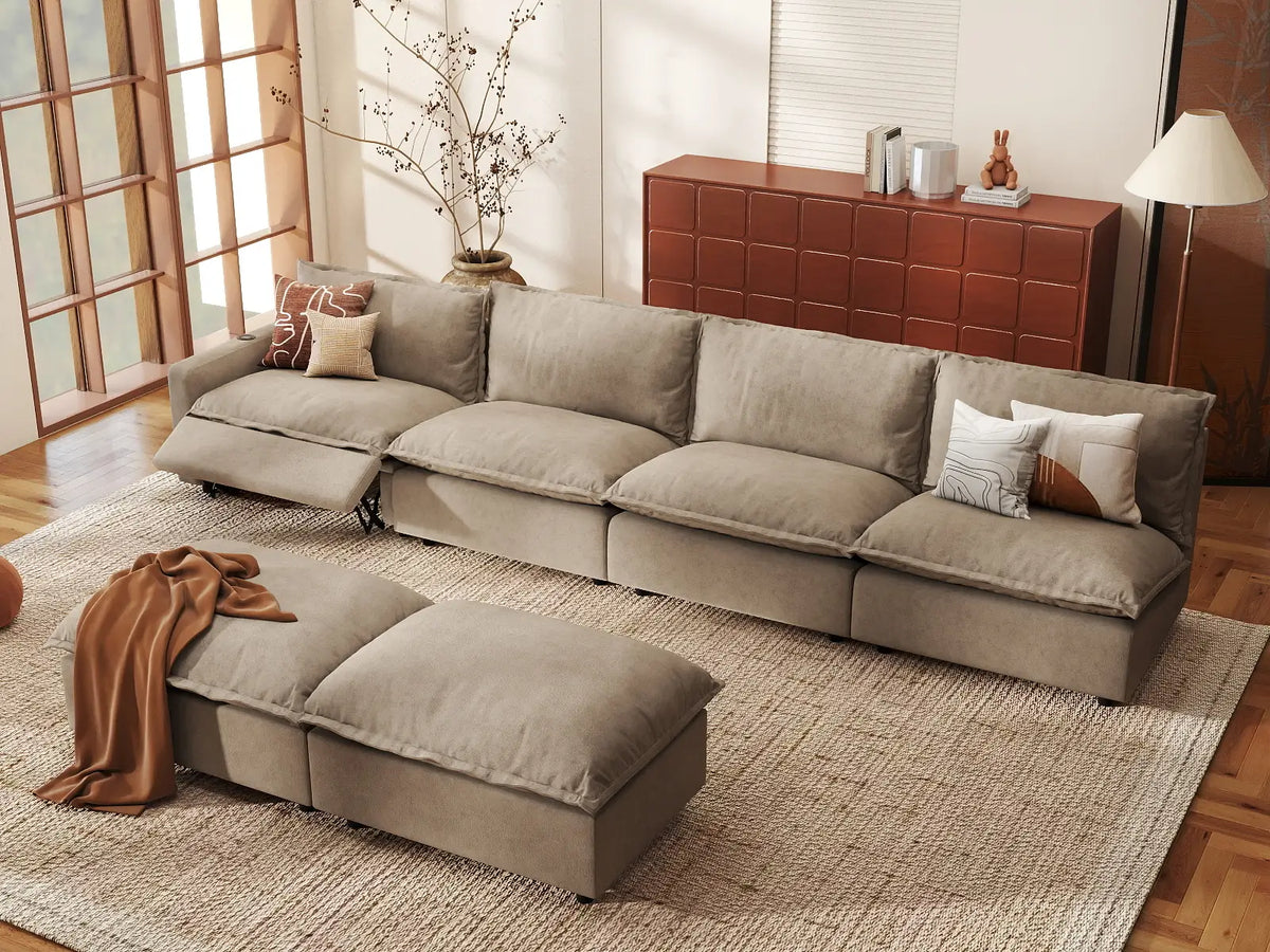 6 Piece Khaki Linen Built In Tech Sofa Sets 4 Seater with 2 Ottomans 1