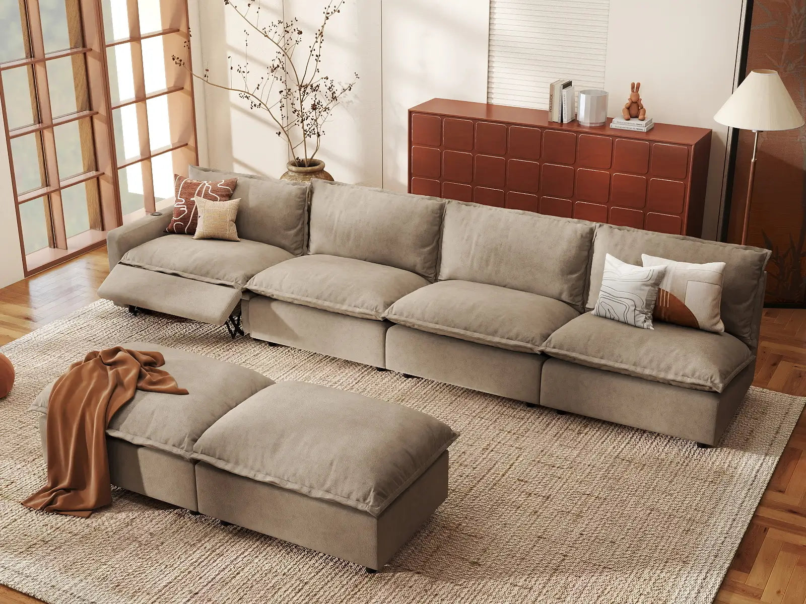 6 Piece Khaki Linen Built In Tech Sofa Sets 4 Seater with 2 Ottomans 1