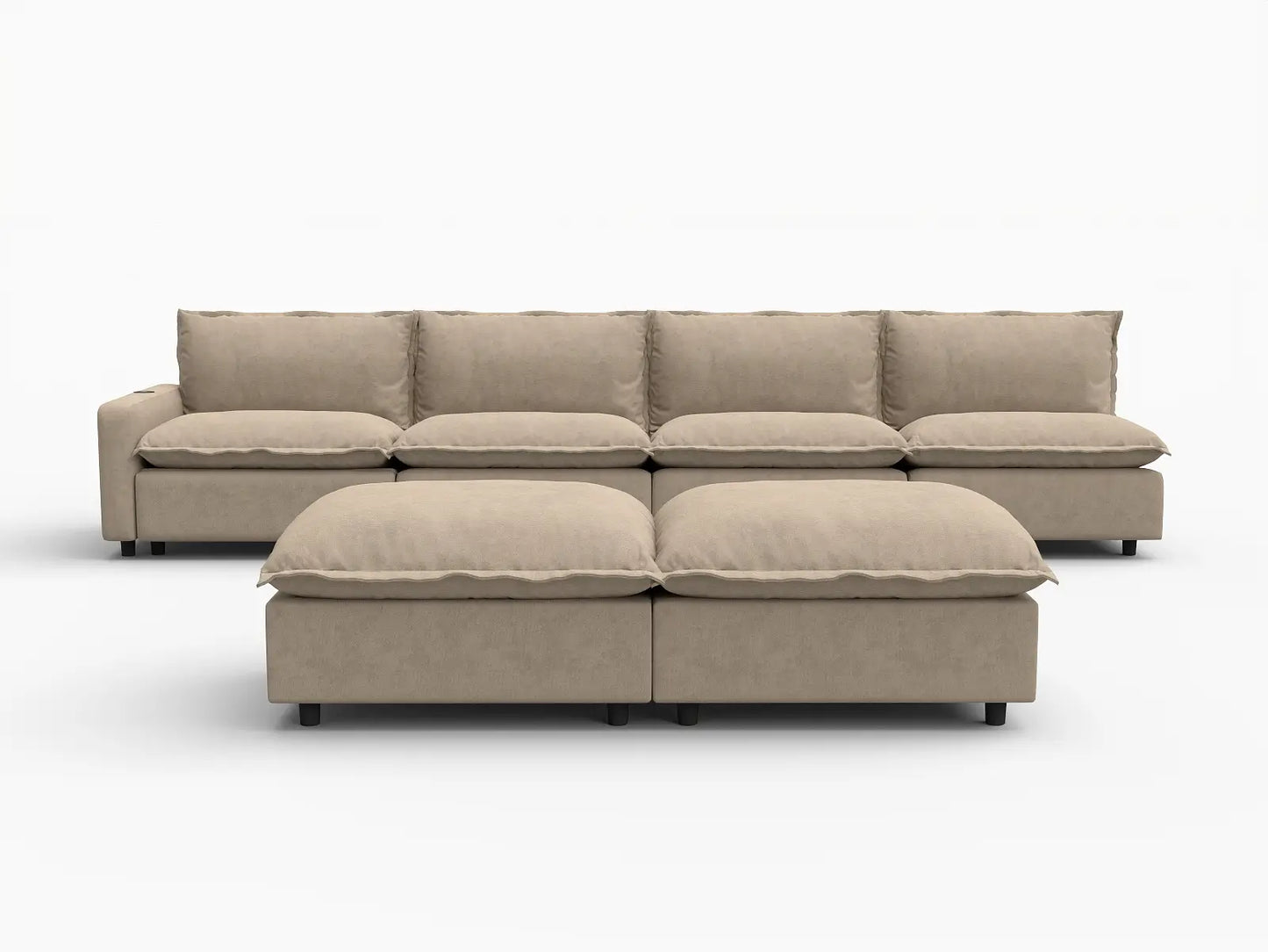 6 Piece Khaki Linen Built In Tech Sofa Sets 4 Seater with 2 Ottomans 2