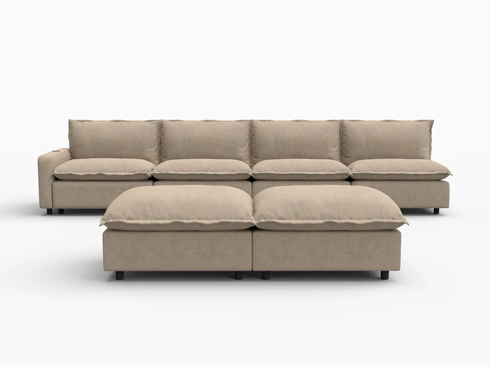 6 Piece Khaki Linen Built In Tech Sofa Sets 4 Seater with 2 Ottomans 2