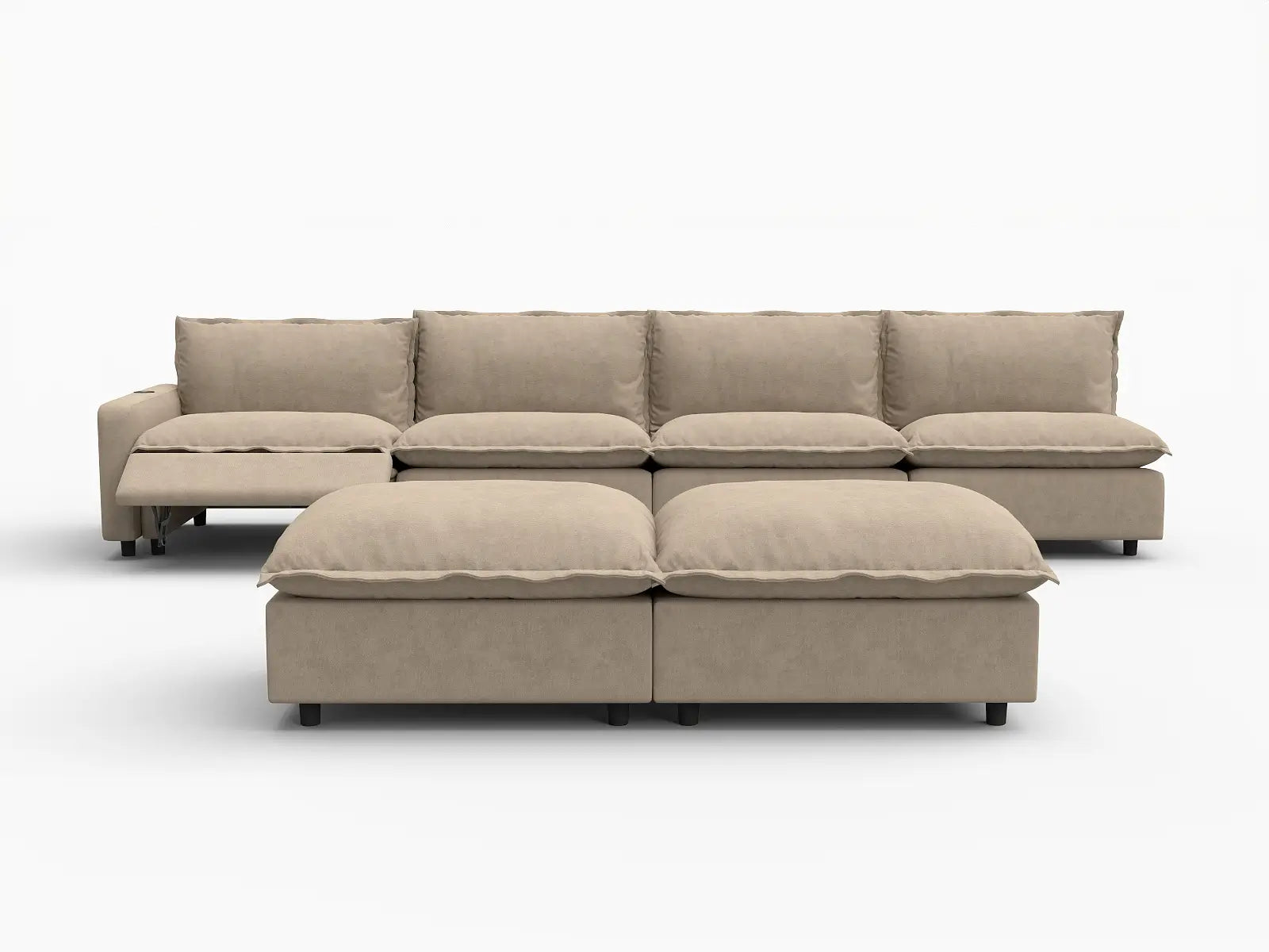 6 Piece Khaki Linen Built In Tech Sofa Sets 4 Seater with 2 Ottomans 3