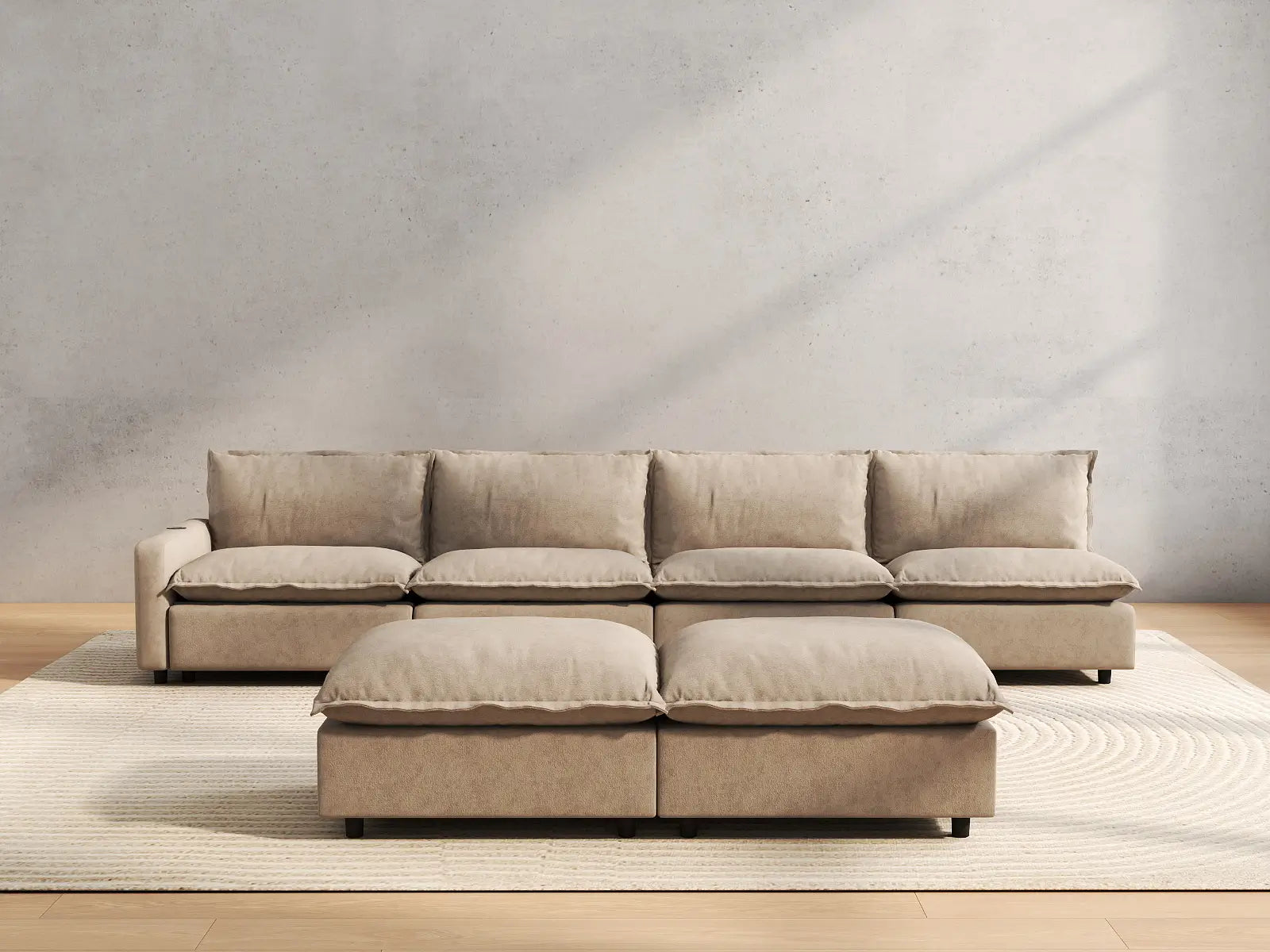 6 Piece Khaki Linen Built In Tech Sofa Sets 4 Seater with 2 Ottomans 4