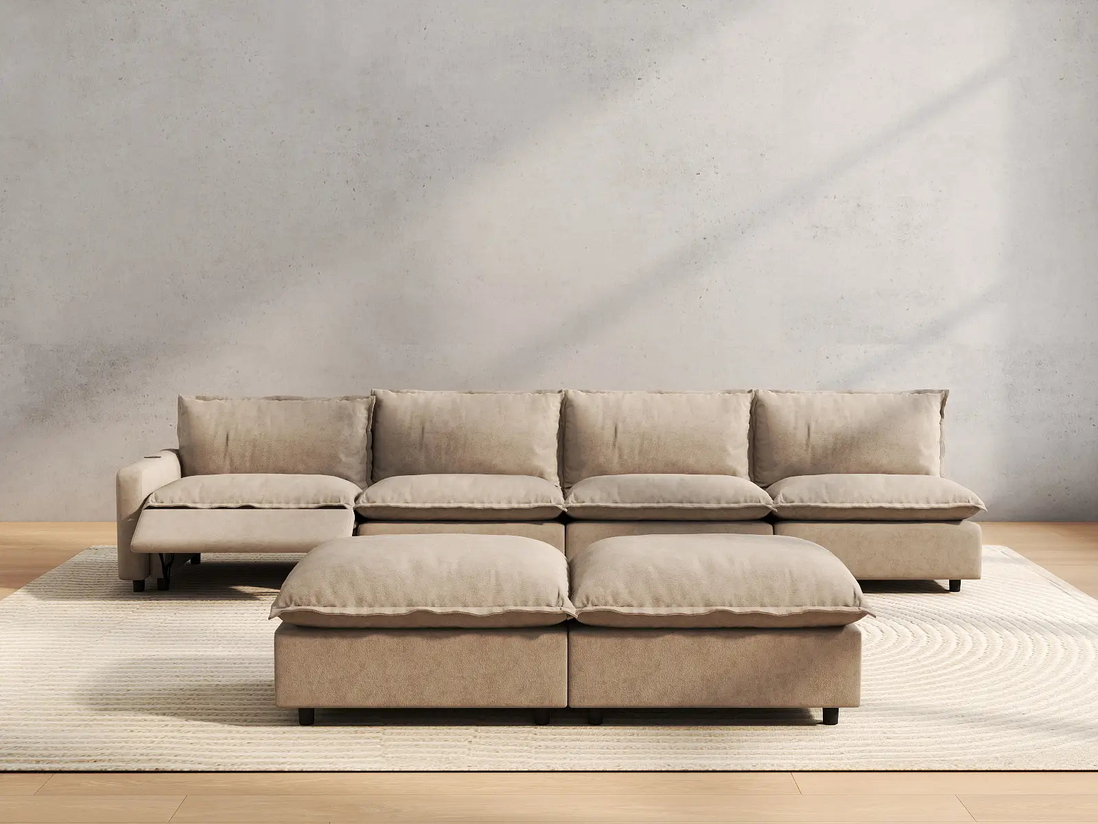 6 Piece Khaki Linen Built In Tech Sofa Sets 4 Seater with 2 Ottomans 5