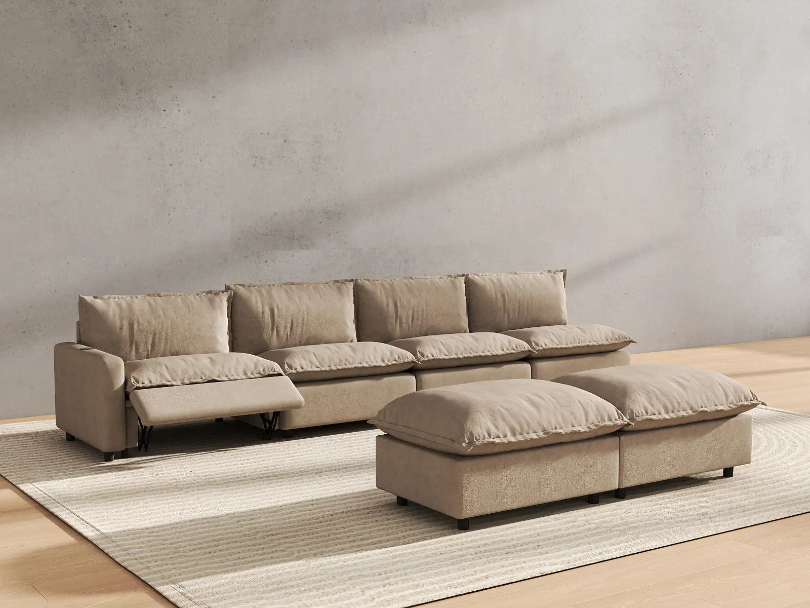 6 Piece Khaki Linen Built In Tech Sofa Sets 4 Seater with 2 Ottomans 6