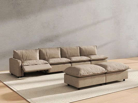 6 Piece Khaki Linen Built In Tech Sofa Sets 4 Seater with 2 Ottomans 6