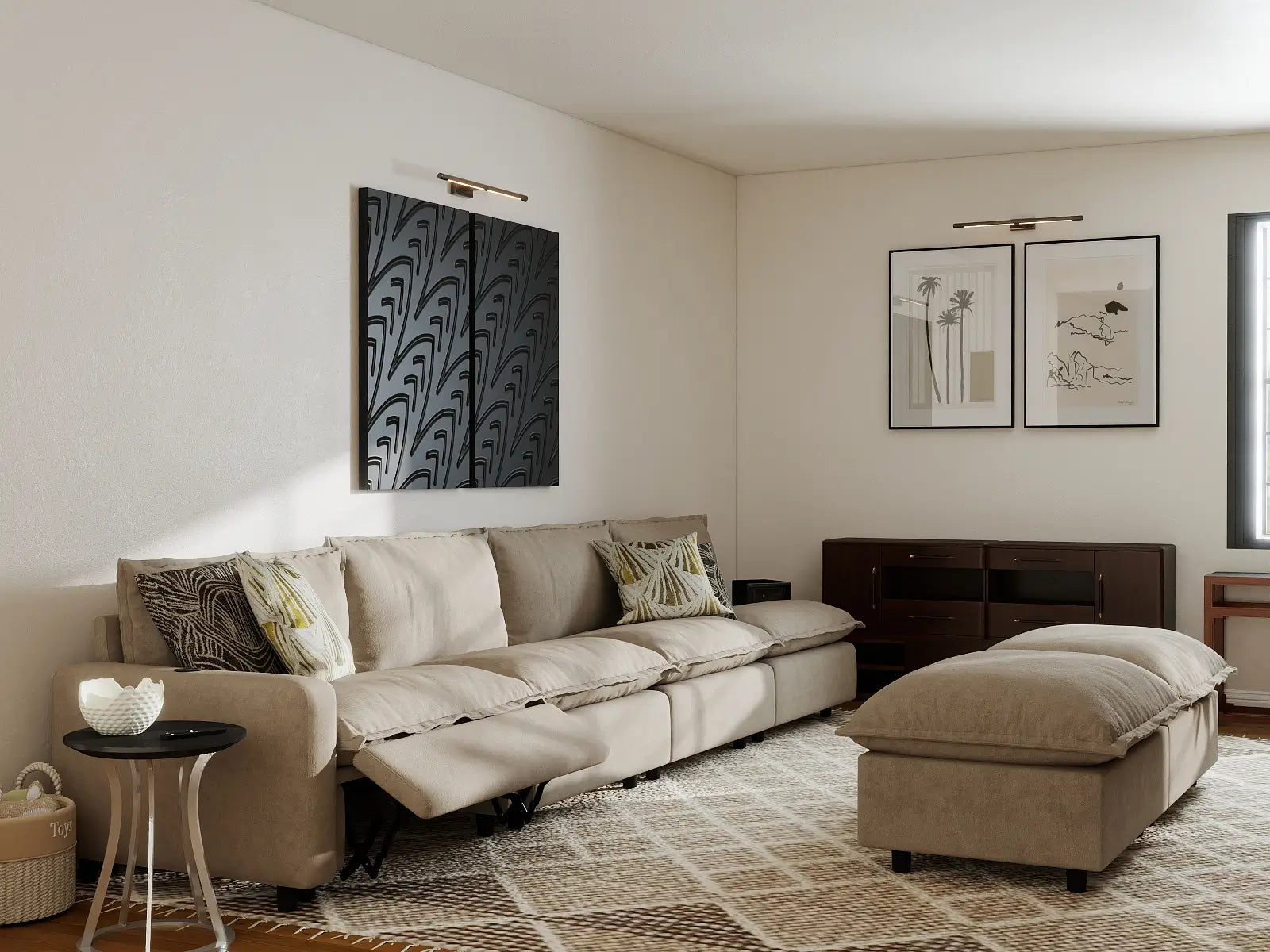 6 Piece Khaki Linen Built In Tech Sofa Sets 4 Seater with 2 Ottomans 7