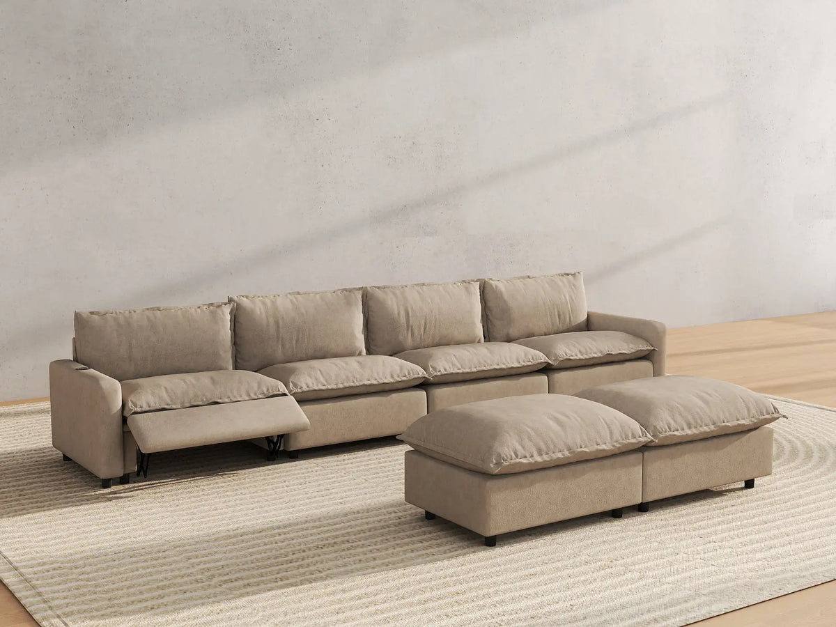 6 Piece Khaki Linen Clean Lines Only Sofa Sets 4 Seater with 2 Ottomans 6