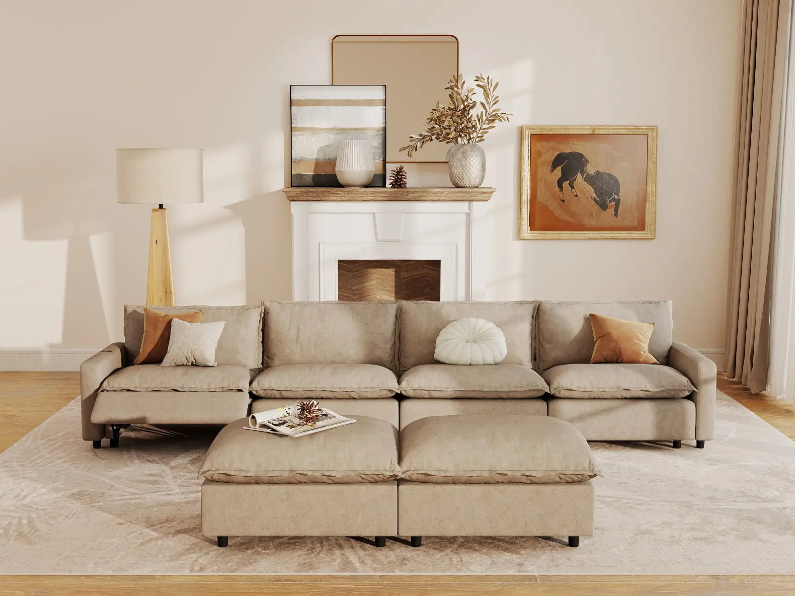6 Piece Khaki Linen Clean Lines Only Sofa Sets 4 Seater with 2 Ottomans 7