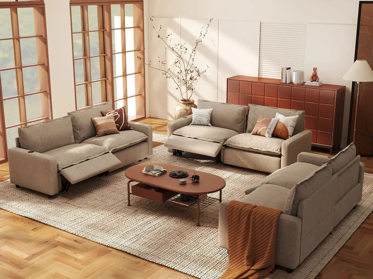 6 Piece Khaki Linen Luxury Villa U Shaped Sectionals 6 Seater 1