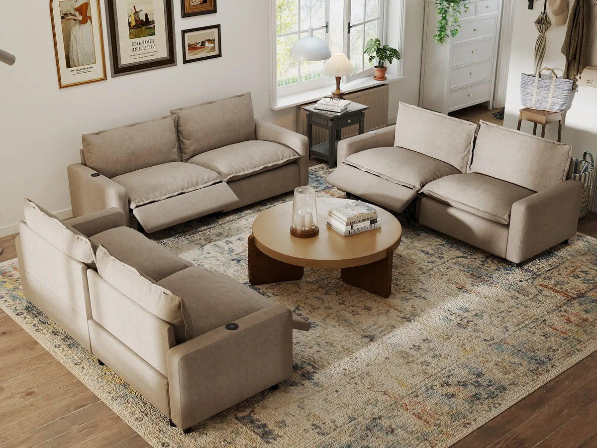 6 Piece Khaki Linen Luxury Villa U Shaped Sectionals 6 Seater 7